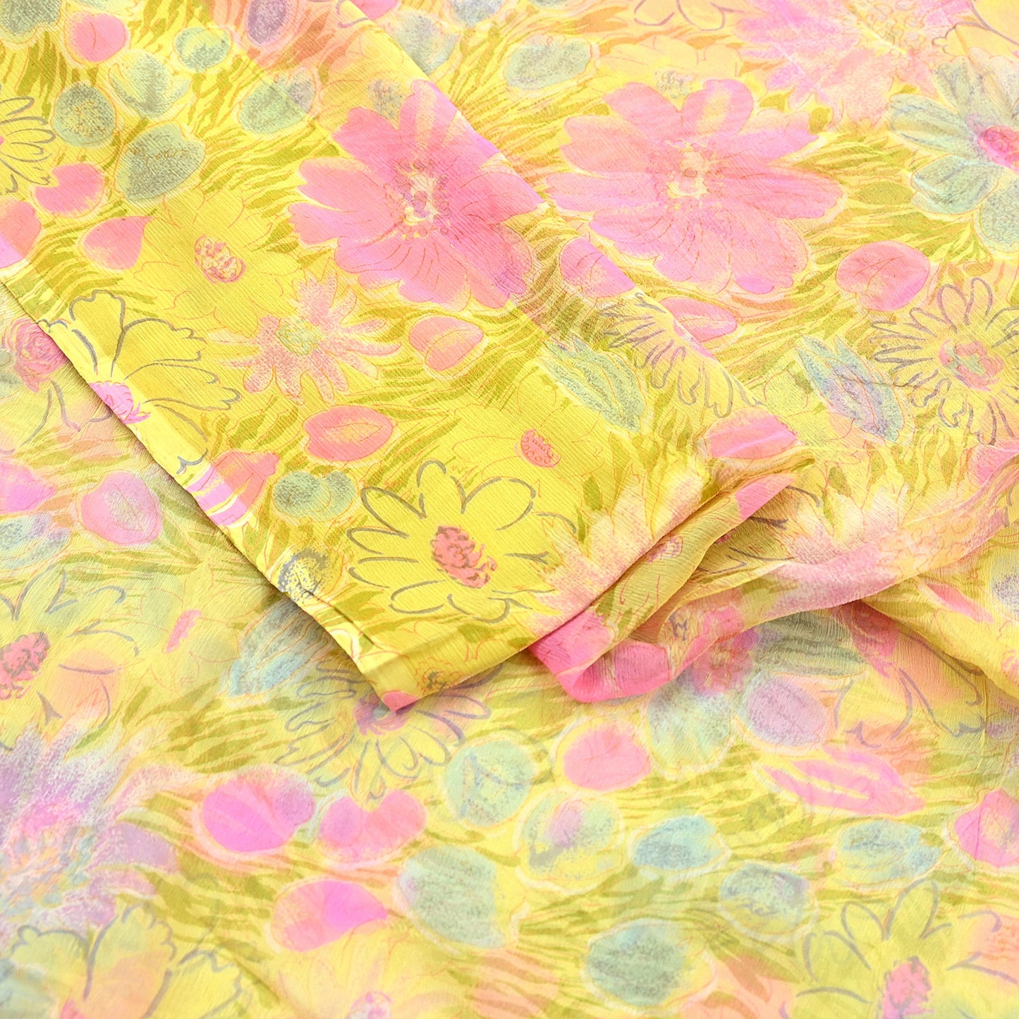 Indian Women Vintage Yellow Saree Pure Chiffon Silk Printed Sari Craft Fabric Sewing 5Yd Soft Light Sari Dress Making Floral