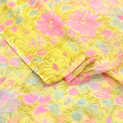 Indian Women Vintage Yellow Saree Pure Chiffon Silk Printed Sari Craft Fabric Sewing 5Yd Soft Light Sari Dress Making Floral