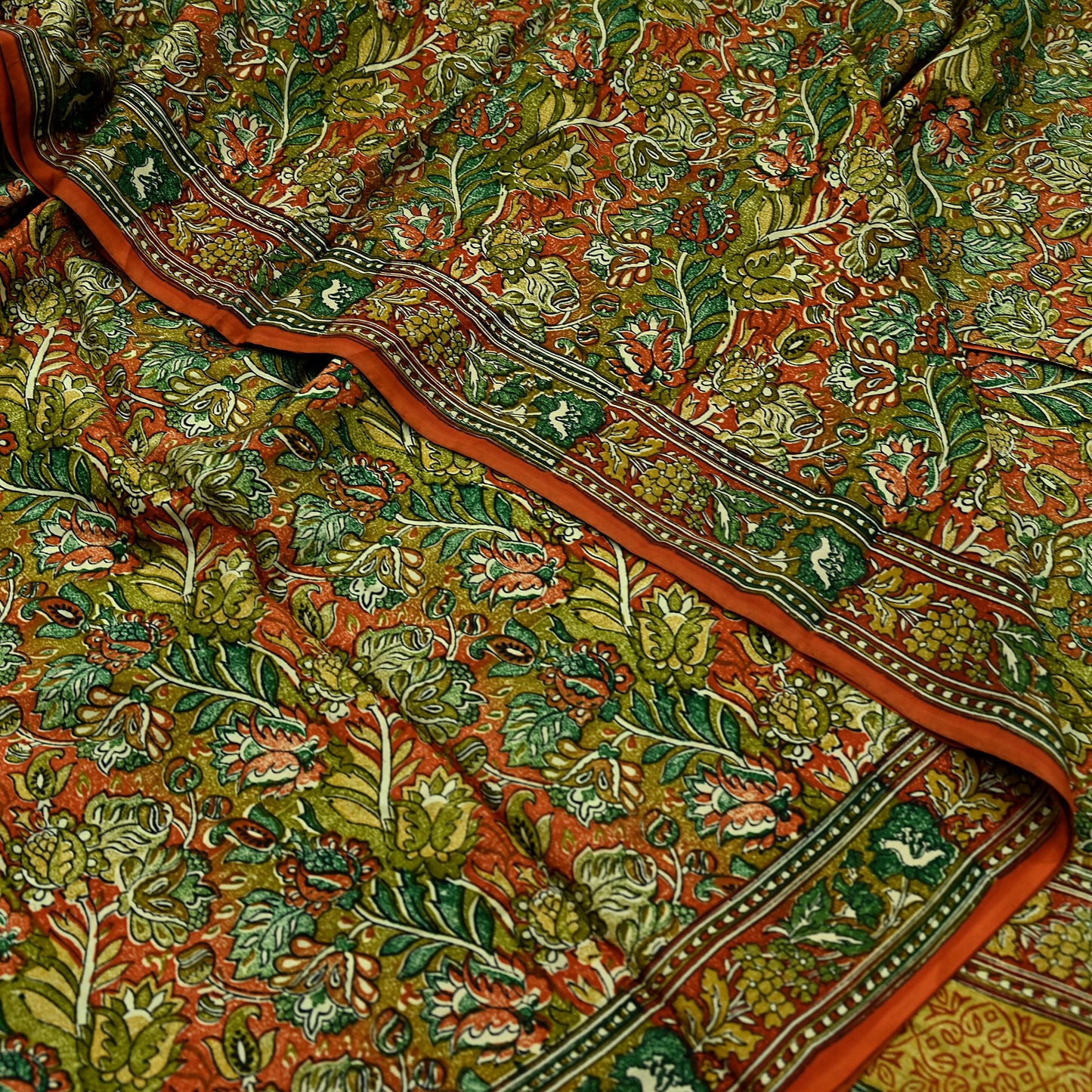 Indian Vintage Sari Orange & Green 100% Pure Silk Printed Saree Craft Fabric 5yd Sewing Dress Making Soft Wrap Quilting Crafting Upcycle