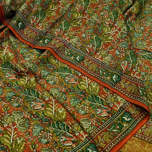 Indian Vintage Sari Orange & Green 100% Pure Silk Printed Saree Craft Fabric 5yd Sewing Dress Making Soft Wrap Quilting Crafting Upcycle