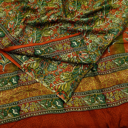 Indian Vintage Sari Orange & Green 100% Pure Silk Printed Saree Craft Fabric 5yd Sewing Dress Making Soft Wrap Quilting Crafting Upcycle