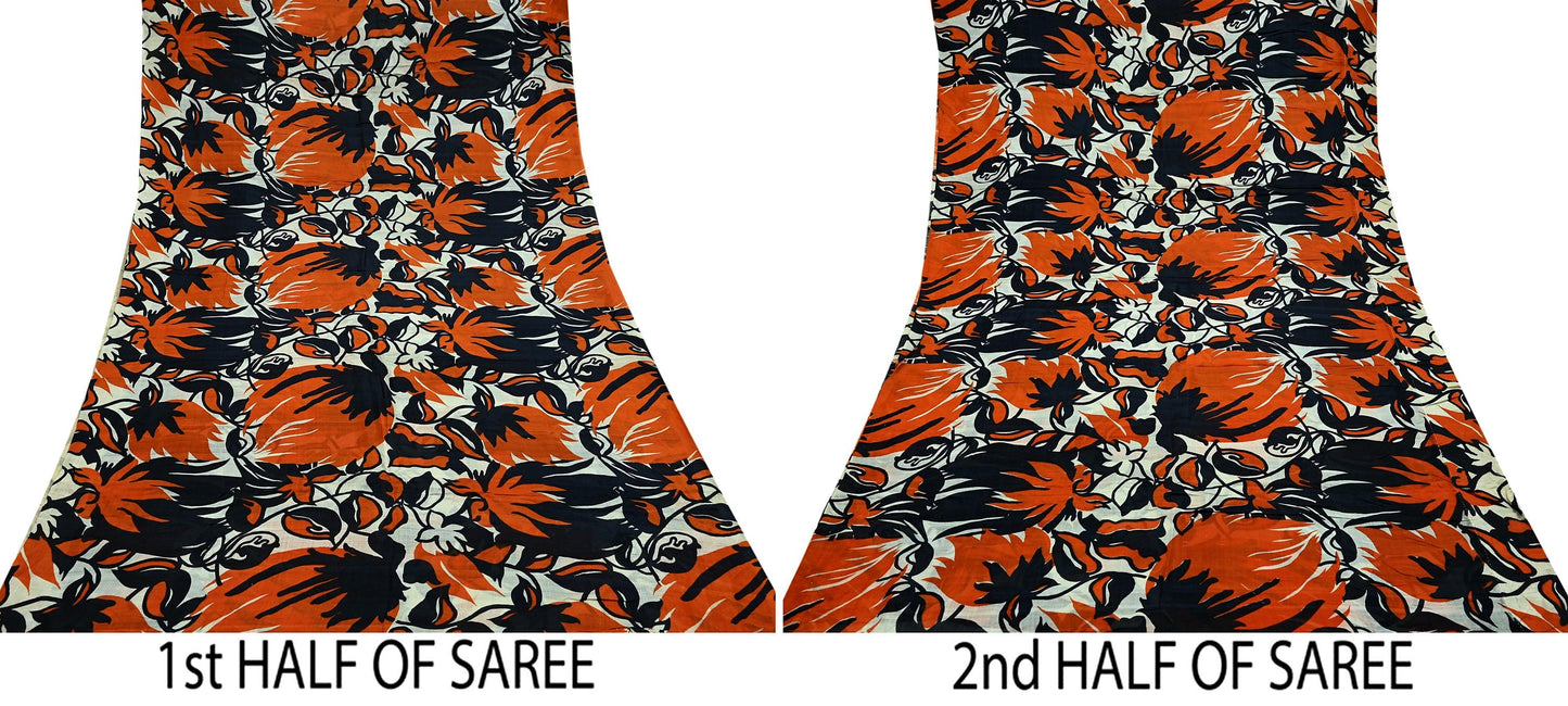 Indian Vintage Black & Orange Saree 100% Pure Silk Printed Sari Craft Fabric 5yd Sewing DressMaking Soft Quilting Upcycle For Crafting
