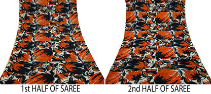 Indian Vintage Black & Orange Saree 100% Pure Silk Printed Sari Craft Fabric 5yd Sewing DressMaking Soft Quilting Upcycle For Crafting