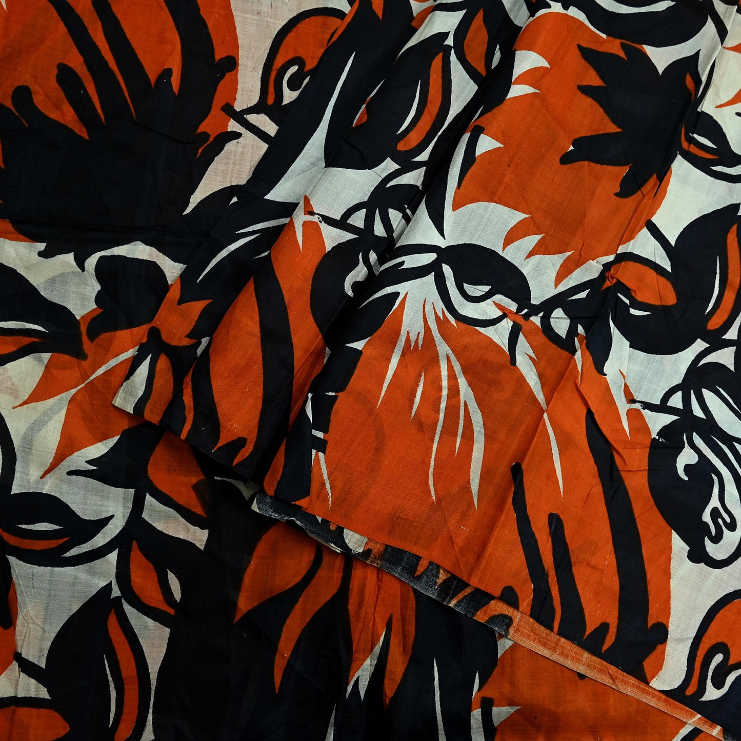 Indian Vintage Black & Orange Saree 100% Pure Silk Printed Sari Craft Fabric 5yd Sewing DressMaking Soft Quilting Upcycle For Crafting