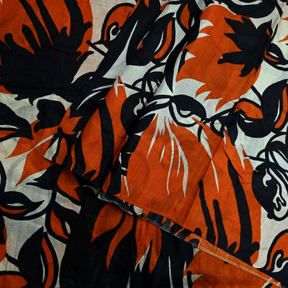 Indian Vintage Black & Orange Saree 100% Pure Silk Printed Sari Craft Fabric 5yd Sewing DressMaking Soft Quilting Upcycle For Crafting