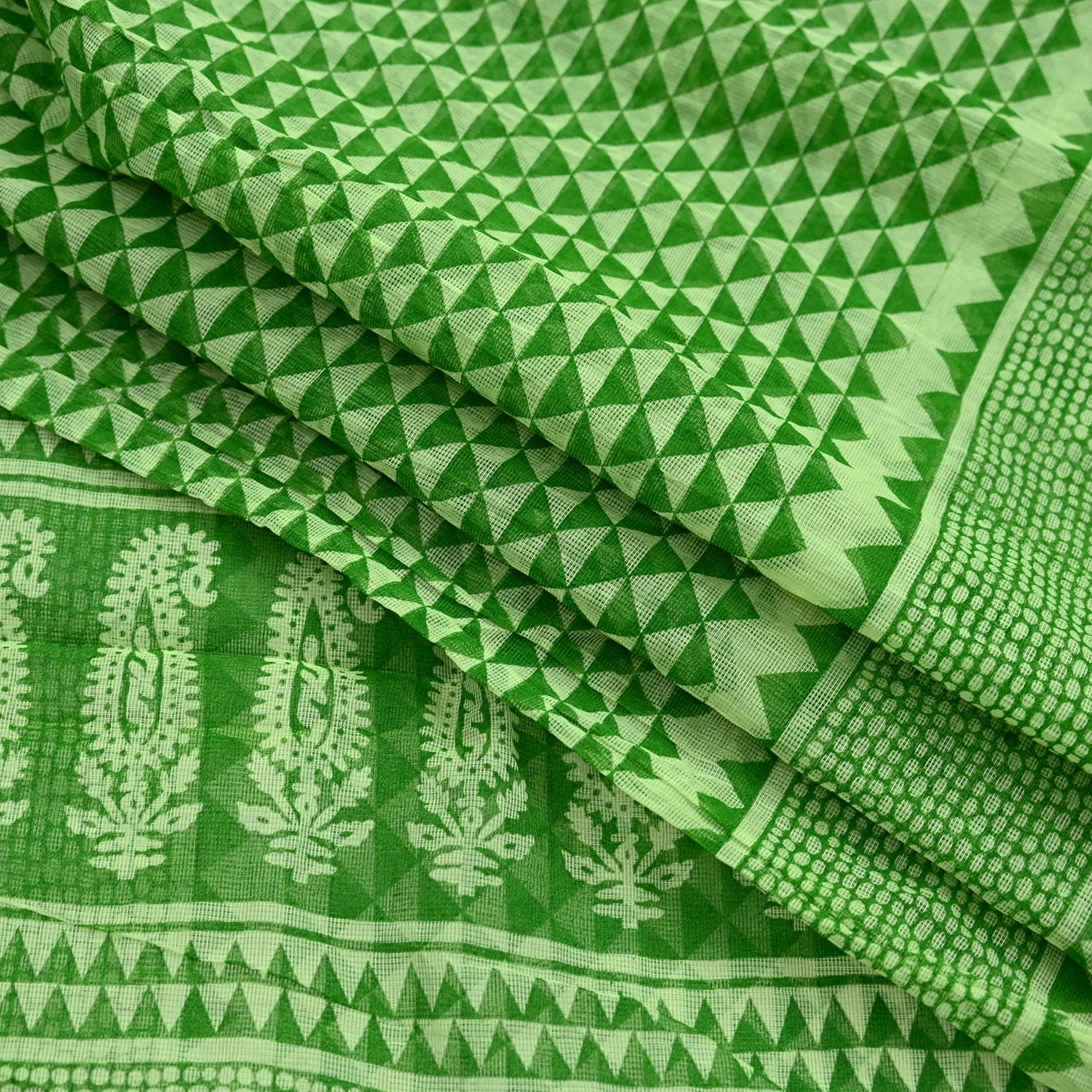 Indian Vintage Sari Green & Ivory Printed Pure Cotton Sarees 5Yd Craft Fabric Soft Sewing Sarong Wrap Boho Upcycle quilting Dress making