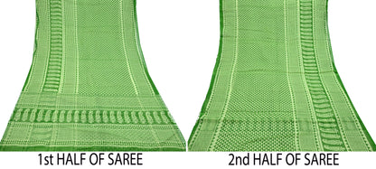 Indian Vintage Sari Green & Ivory Printed Pure Cotton Sarees 5Yd Craft Fabric Soft Sewing Sarong Wrap Boho Upcycle quilting Dress making