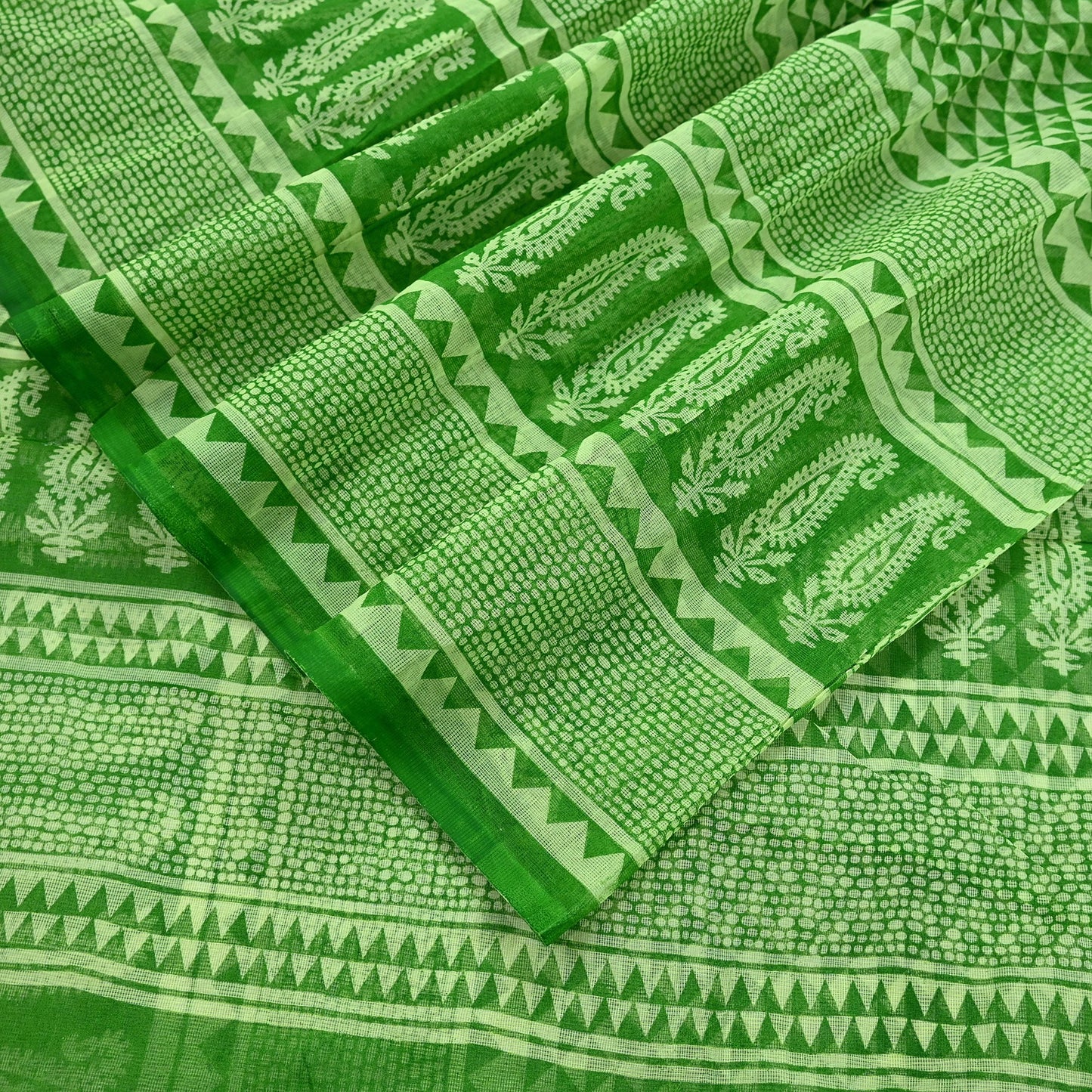 Indian Vintage Sari Green & Ivory Printed Pure Cotton Sarees 5Yd Craft Fabric Soft Sewing Sarong Wrap Boho Upcycle quilting Dress making