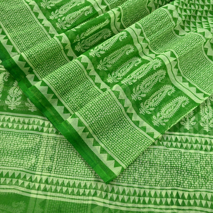 Indian Vintage Sari Green & Ivory Printed Pure Cotton Sarees 5Yd Craft Fabric Soft Sewing Sarong Wrap Boho Upcycle quilting Dress making