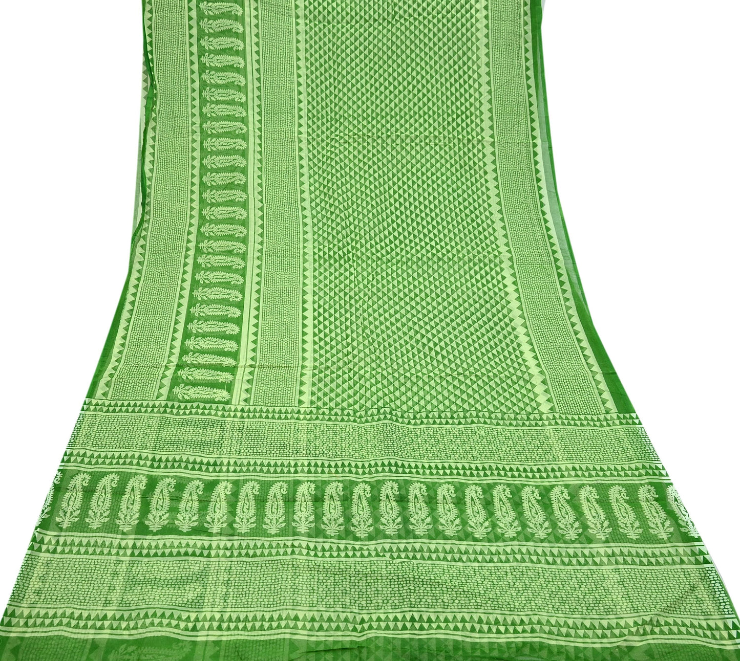 Indian Vintage Sari Green & Ivory Printed Pure Cotton Sarees 5Yd Craft Fabric Soft Sewing Sarong Wrap Boho Upcycle quilting Dress making