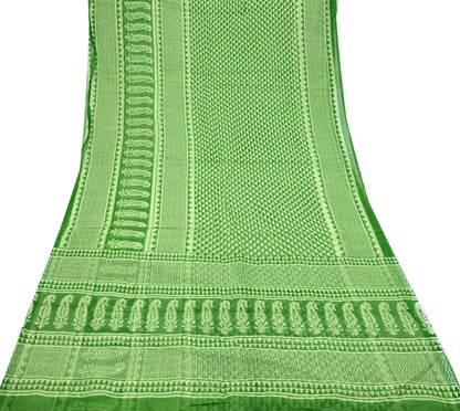 Indian Vintage Sari Green & Ivory Printed Pure Cotton Sarees 5Yd Craft Fabric Soft Sewing Sarong Wrap Boho Upcycle quilting Dress making