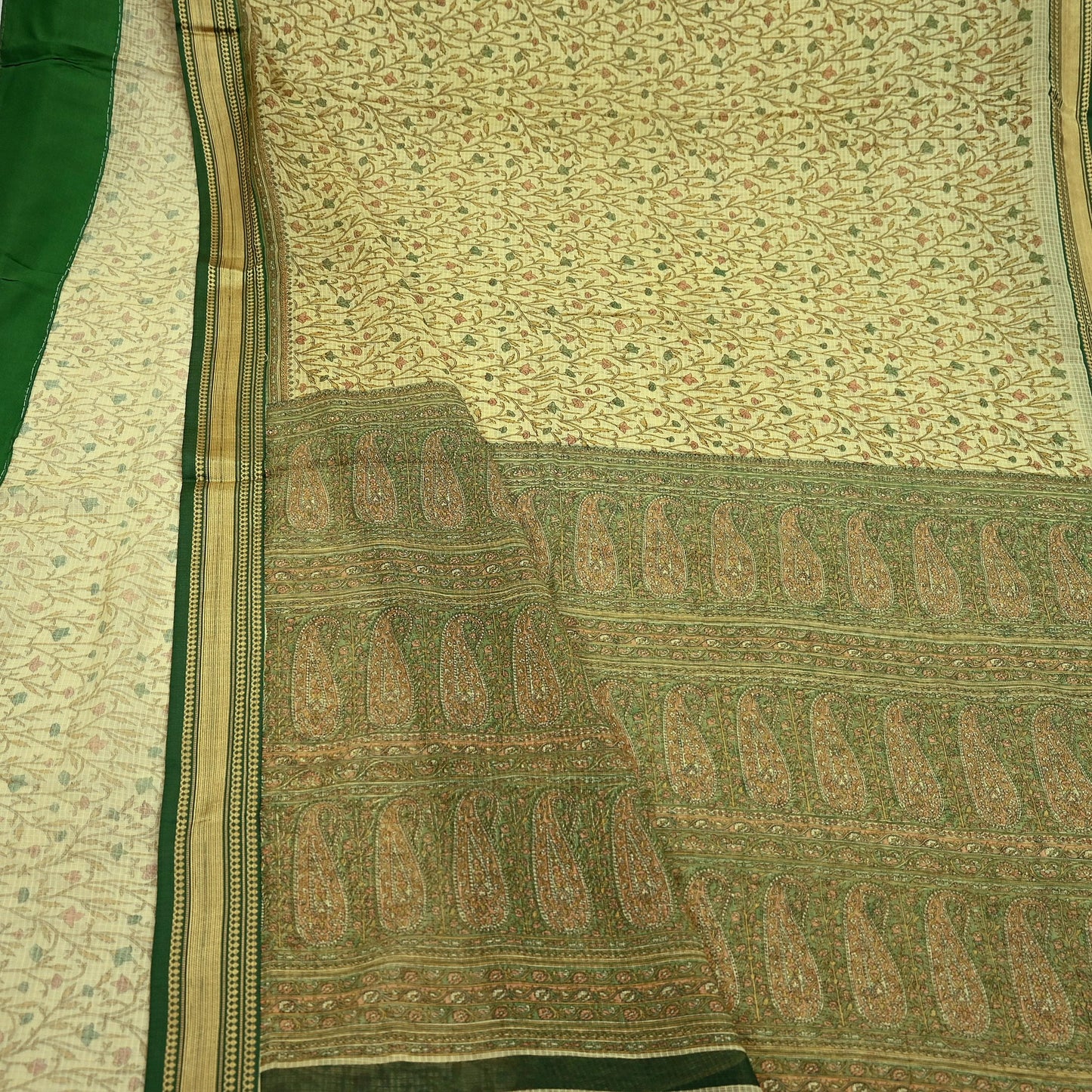 Indian Vintage Sari Beige & Green Pure Cotton Printed Sarees Craft Fabric Soft 5Yd Sarong Wrap Boho Fabric Kimono Quilting Crafting Upcycle