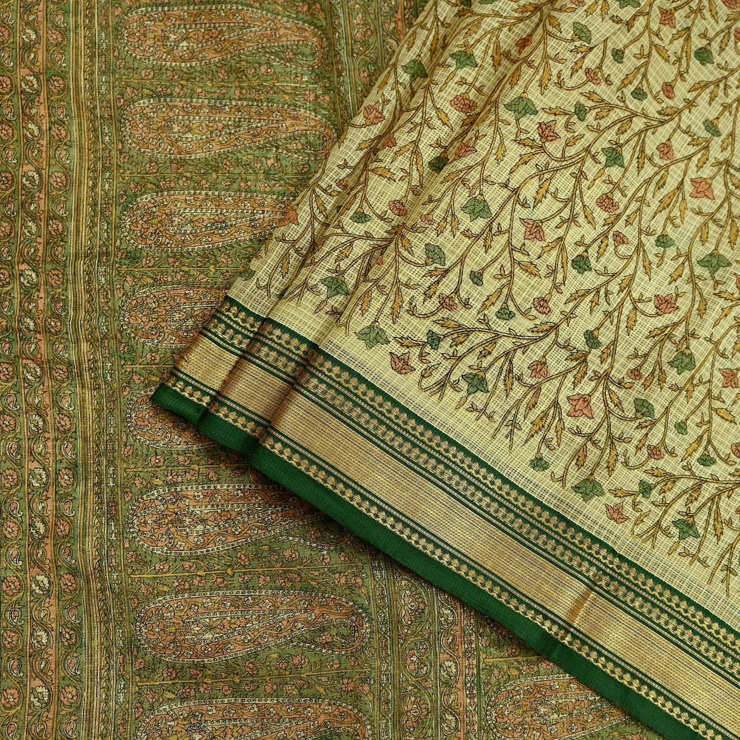 Indian Vintage Sari Beige & Green Pure Cotton Printed Sarees Craft Fabric Soft 5Yd Sarong Wrap Boho Fabric Kimono Quilting Crafting Upcycle