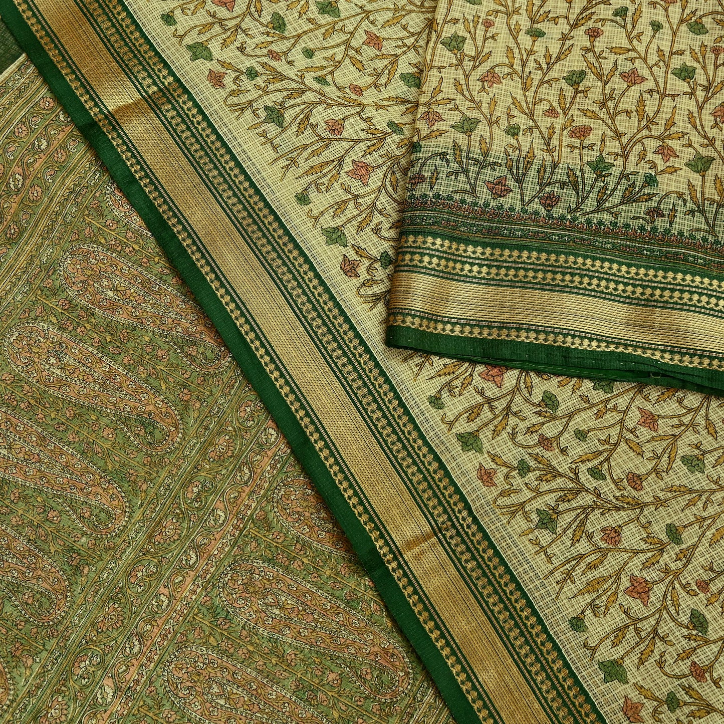 Indian Vintage Sari Beige & Green Pure Cotton Printed Sarees Craft Fabric Soft 5Yd Sarong Wrap Boho Fabric Kimono Quilting Crafting Upcycle