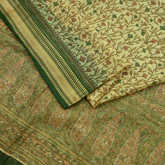 Indian Vintage Sari Beige & Green Pure Cotton Printed Sarees Craft Fabric Soft 5Yd Sarong Wrap Boho Fabric Kimono Quilting Crafting Upcycle