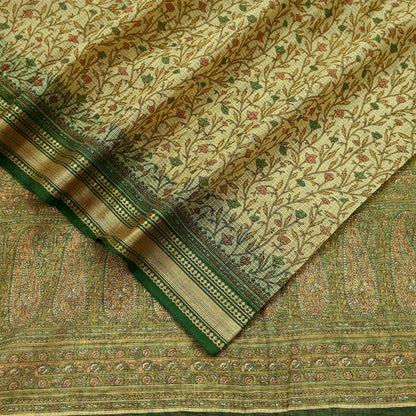 Indian Vintage Sari Beige & Green Pure Cotton Printed Sarees Craft Fabric Soft 5Yd Sarong Wrap Boho Fabric Kimono Quilting Crafting Upcycle