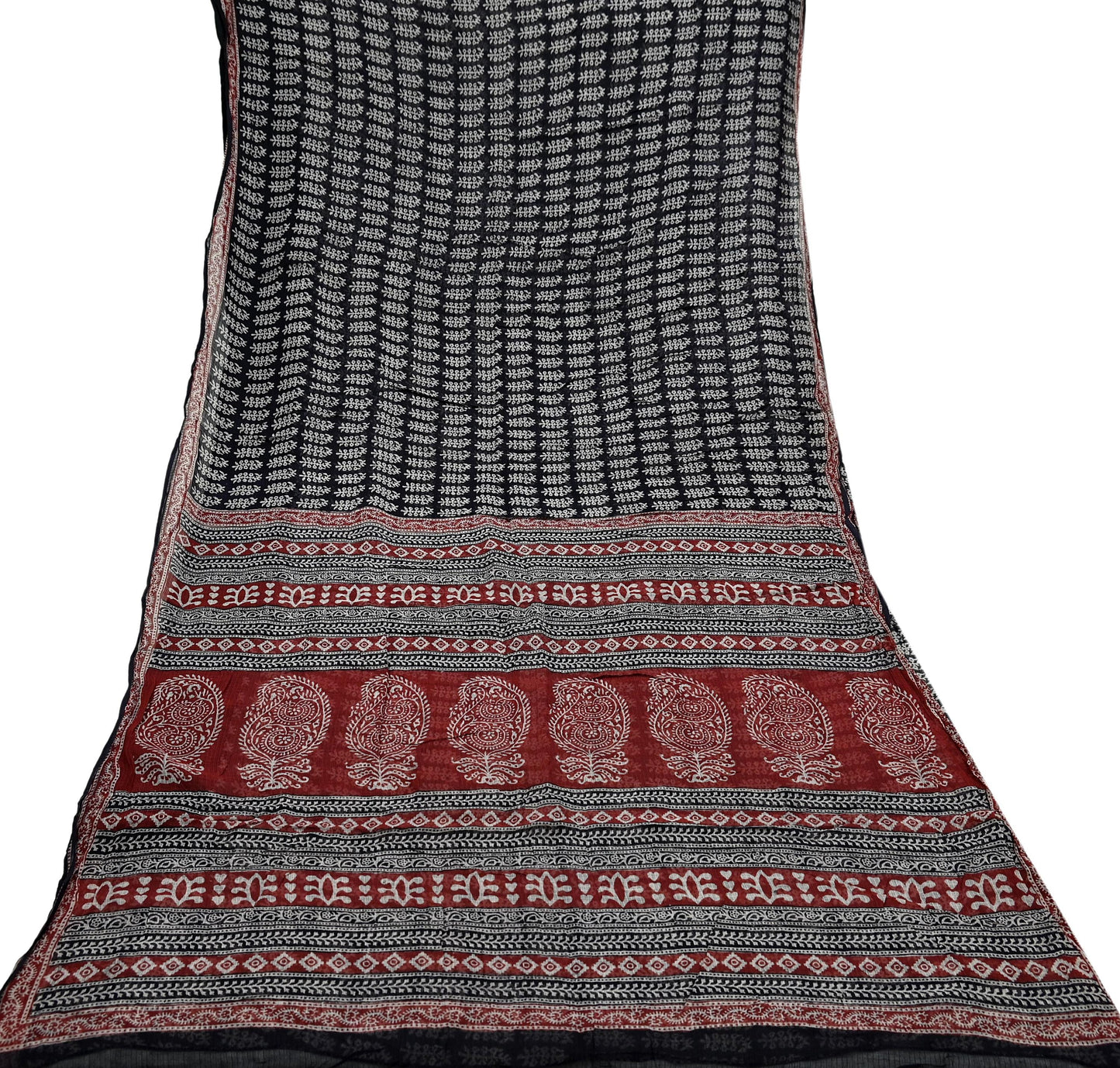 Indian Vintage Sari Maroon & Black Printed 100% Pure Cotton Saree Craft Soft Fabric 5Yd Sewing Sarong Wrap Floral Quilting Upcycle Crafting