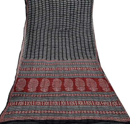 Indian Vintage Sari Maroon & Black Printed 100% Pure Cotton Saree Craft Soft Fabric 5Yd Sewing Sarong Wrap Floral Quilting Upcycle Crafting