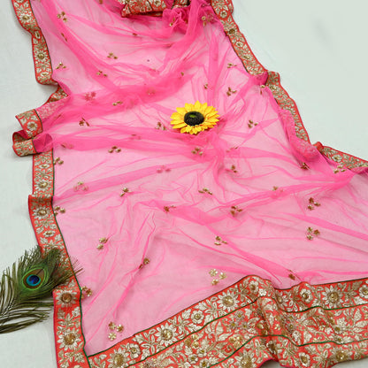 Indian Pre-owned Heavy Wedding Dupatta Pink Net Long Stole Hand Embroidered By Designer Sabyasachi Scarves Zardozi Bridal Veil