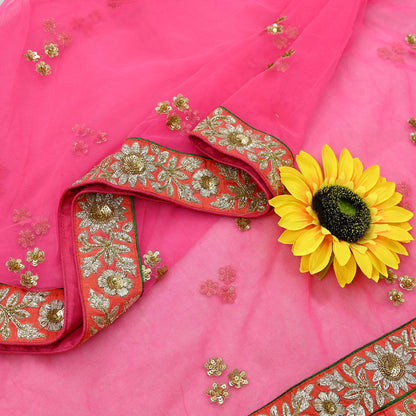 Indian Pre-owned Heavy Wedding Dupatta Pink Net Long Stole Hand Embroidered By Designer Sabyasachi Scarves Zardozi Bridal Veil