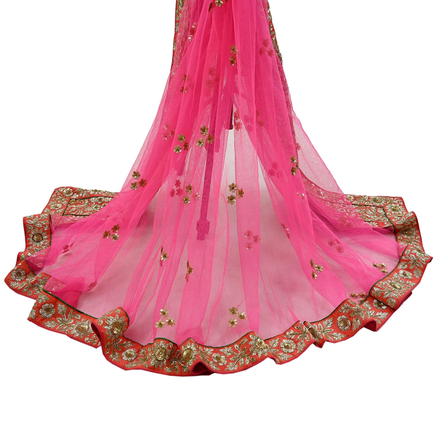 Indian Pre-owned Heavy Wedding Dupatta Pink Net Long Stole Hand Embroidered By Designer Sabyasachi Scarves Zardozi Bridal Veil