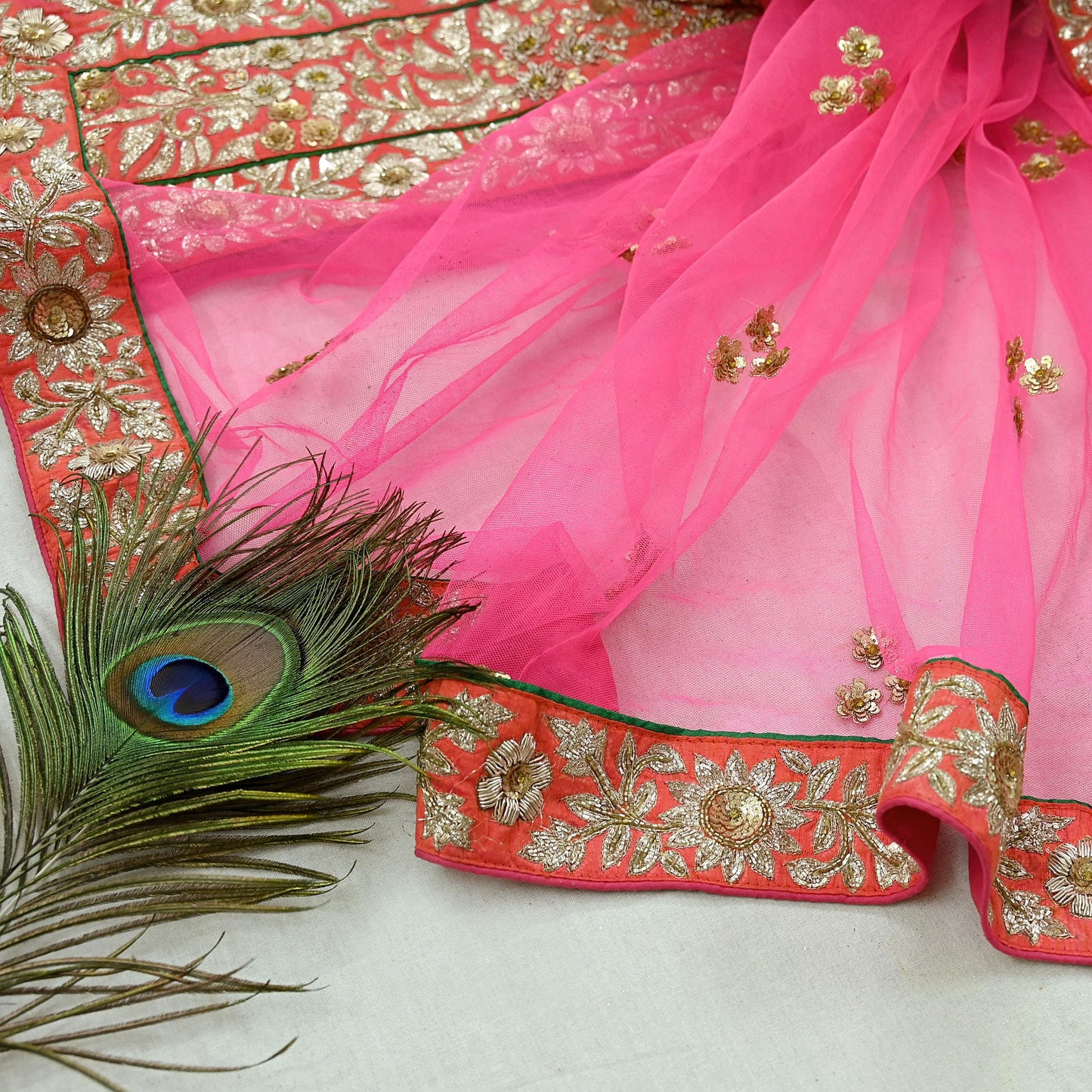 Indian Pre-owned Heavy Wedding Dupatta Pink Net Long Stole Hand Embroidered By Designer Sabyasachi Scarves Zardozi Bridal Veil