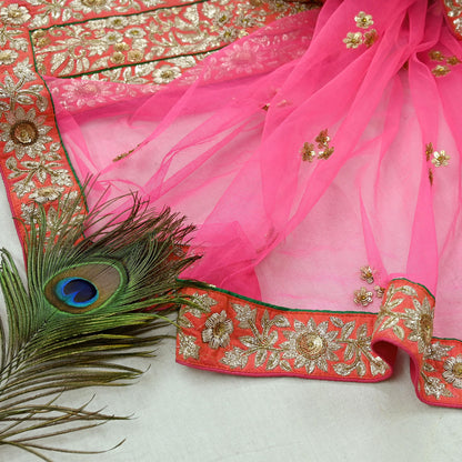 Indian Pre-owned Heavy Wedding Dupatta Pink Net Long Stole Hand Embroidered By Designer Sabyasachi Scarves Zardozi Bridal Veil