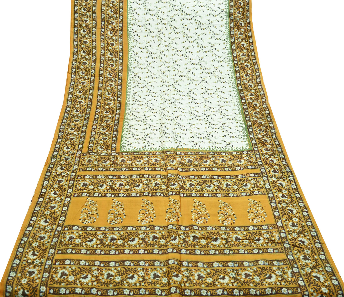 Indian Vintage Sari Ivory & Mustard Printed Pure Silk Sarees 5yd Sewing Craft Fabric DressMaking Soft Wrap Upcycle Quilting Crafting Used