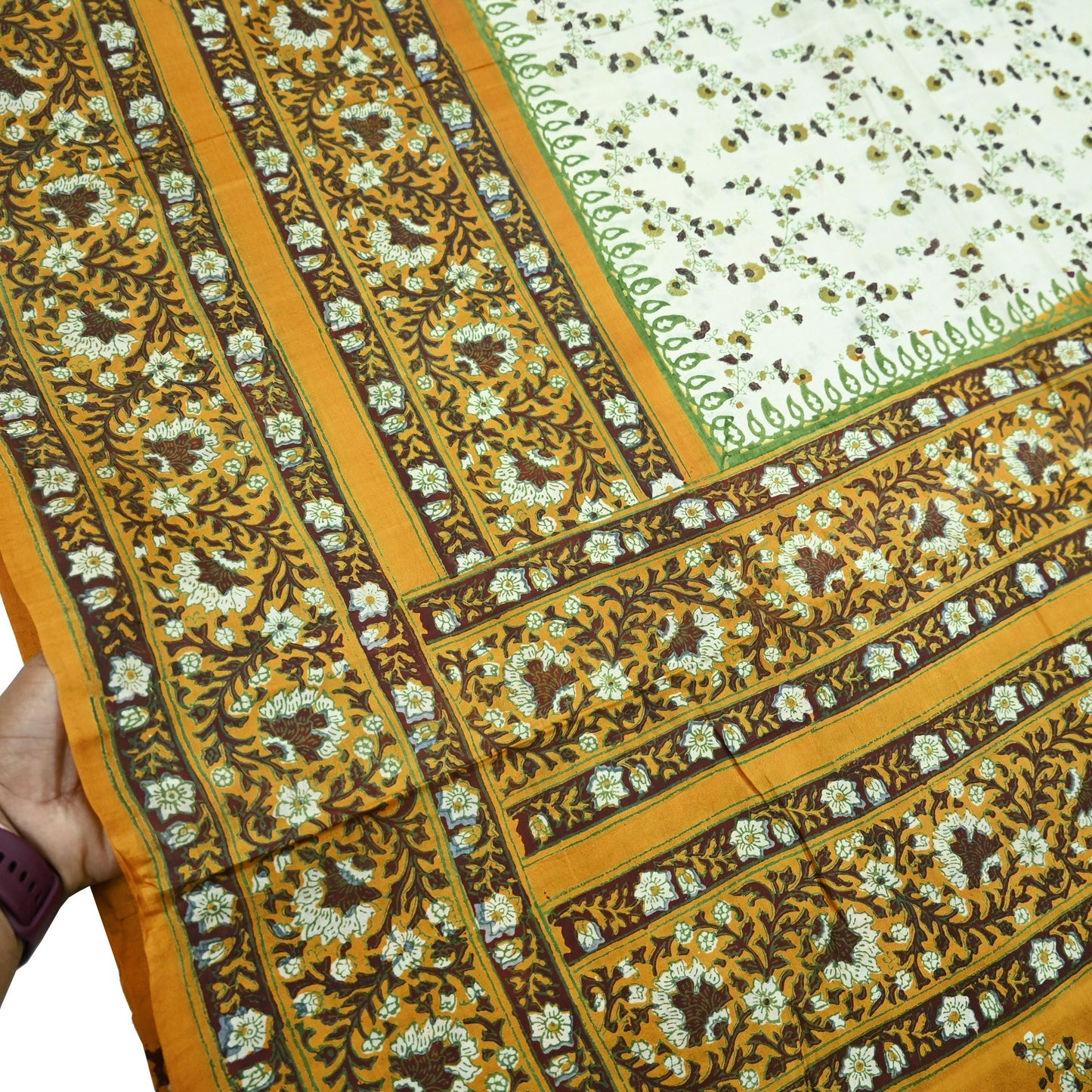 Indian Vintage Sari Ivory & Mustard Printed Pure Silk Sarees 5yd Sewing Craft Fabric DressMaking Soft Wrap Upcycle Quilting Crafting Used
