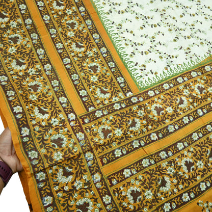 Indian Vintage Sari Ivory & Mustard Printed Pure Silk Sarees 5yd Sewing Craft Fabric DressMaking Soft Wrap Upcycle Quilting Crafting Used