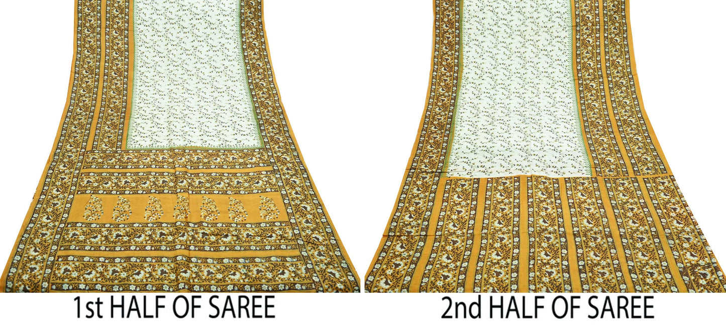 Indian Vintage Sari Ivory & Mustard Printed Pure Silk Sarees 5yd Sewing Craft Fabric DressMaking Soft Wrap Upcycle Quilting Crafting Used