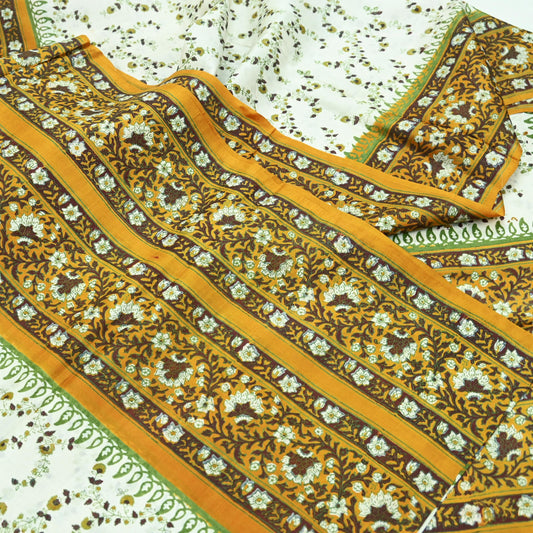 Indian Vintage Sari Ivory & Mustard Printed Pure Silk Sarees 5yd Sewing Craft Fabric DressMaking Soft Wrap Upcycle Quilting Crafting Used