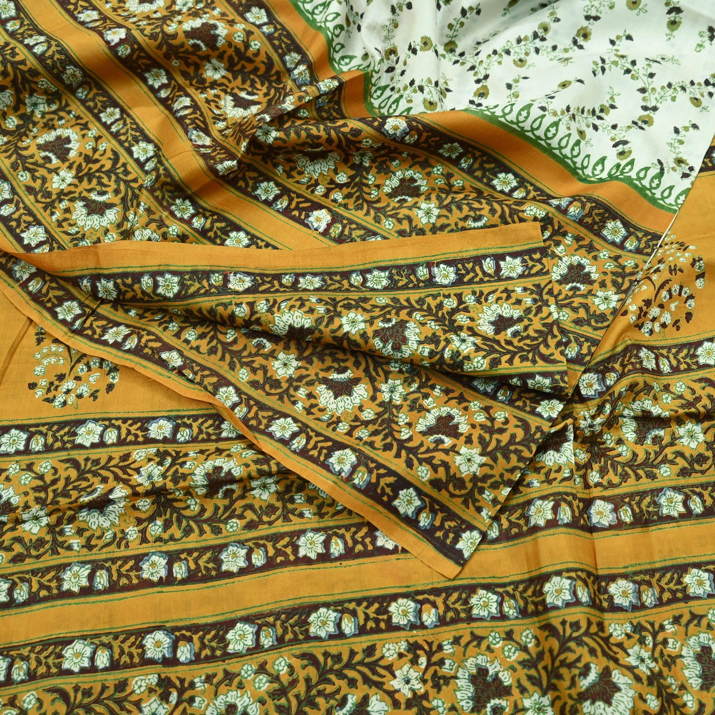 Indian Vintage Sari Ivory & Mustard Printed Pure Silk Sarees 5yd Sewing Craft Fabric DressMaking Soft Wrap Upcycle Quilting Crafting Used