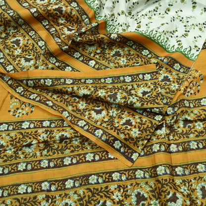 Indian Vintage Sari Ivory & Mustard Printed Pure Silk Sarees 5yd Sewing Craft Fabric DressMaking Soft Wrap Upcycle Quilting Crafting Used