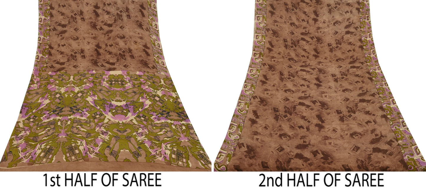 Indian Vintage Sari Brown 100% Pure Silk Printed Saree 5yd Sewing Craft Fabric DressMaking Wrap Abstract For Crafting Quilting Upcycle