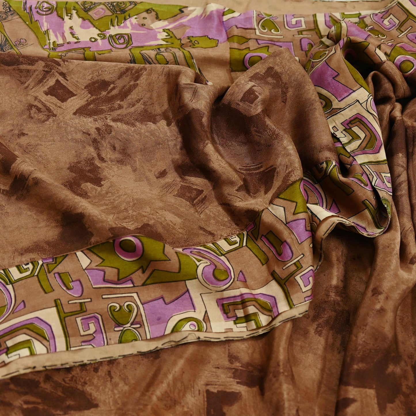 Indian Vintage Sari Brown 100% Pure Silk Printed Saree 5yd Sewing Craft Fabric DressMaking Wrap Abstract For Crafting Quilting Upcycle
