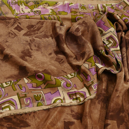 Indian Vintage Sari Brown 100% Pure Silk Printed Saree 5yd Sewing Craft Fabric DressMaking Wrap Abstract For Crafting Quilting Upcycle