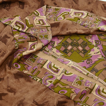 Indian Vintage Sari Brown 100% Pure Silk Printed Saree 5yd Sewing Craft Fabric DressMaking Wrap Abstract For Crafting Quilting Upcycle