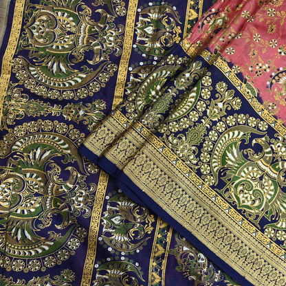 Indian Vintage Sari Peach & Blue 100% Pure Silk Painted Sarees 5yd Sewing Craft Fabric DressMaking Soft Wrap