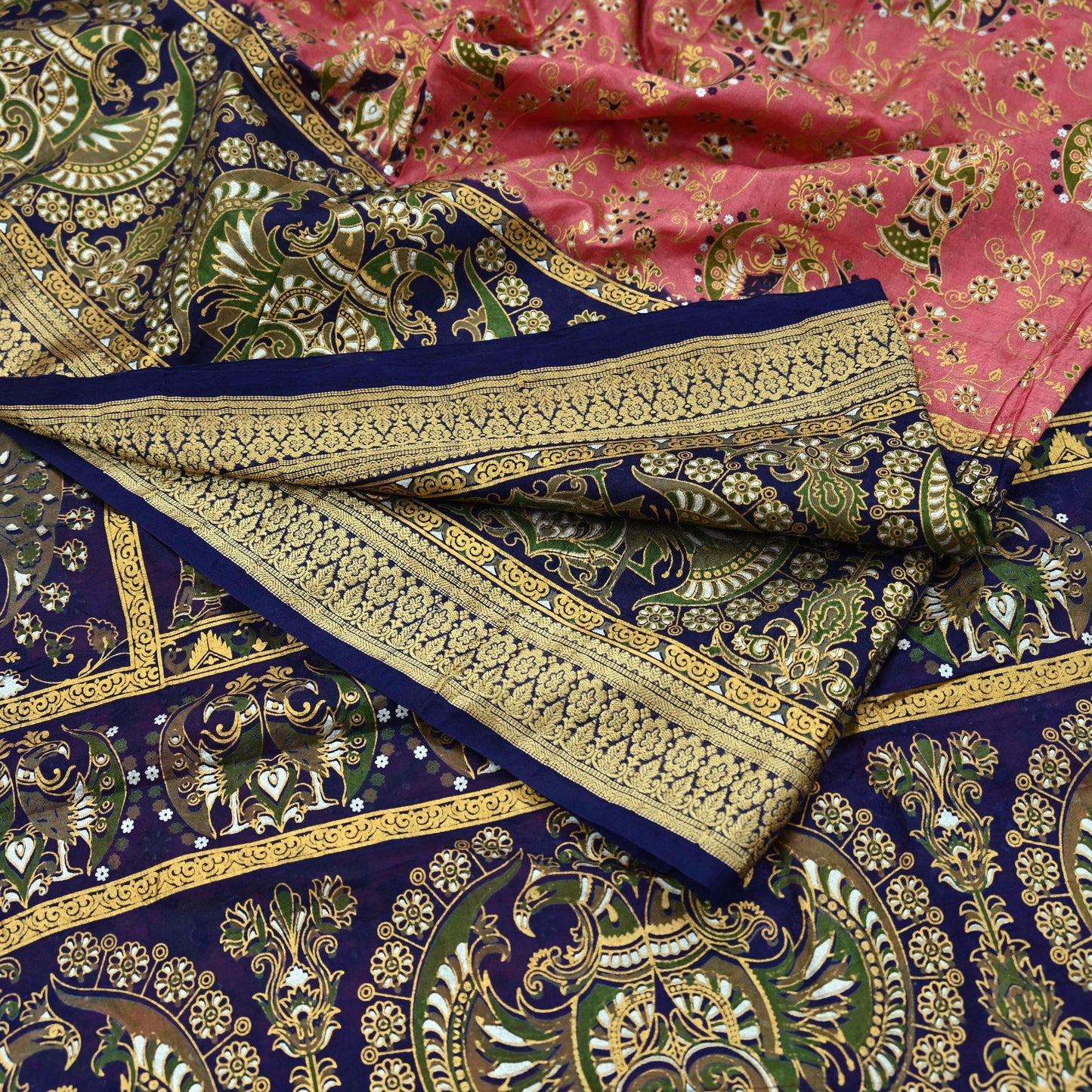 Indian Vintage Sari Peach & Blue 100% Pure Silk Painted Sarees 5yd Sewing Craft Fabric DressMaking Soft Wrap