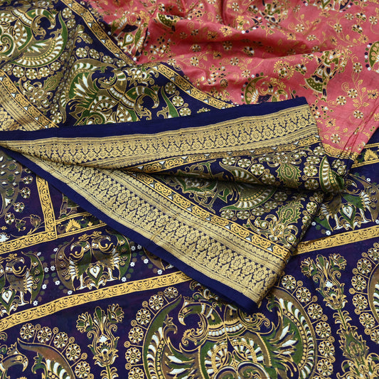Indian Vintage Sari Peach & Blue 100% Pure Silk Painted Sarees 5yd Sewing Craft Fabric DressMaking Soft Wrap