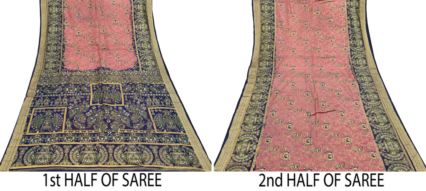 Indian Vintage Sari Peach & Blue 100% Pure Silk Painted Sarees 5yd Sewing Craft Fabric DressMaking Soft Wrap
