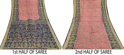 Indian Vintage Sari Peach & Blue 100% Pure Silk Painted Sarees 5yd Sewing Craft Fabric DressMaking Soft Wrap