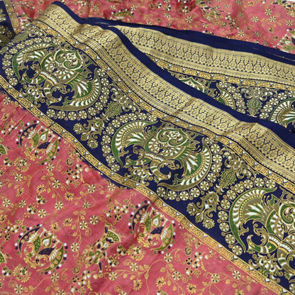 Indian Vintage Sari Peach & Blue 100% Pure Silk Painted Sarees 5yd Sewing Craft Fabric DressMaking Soft Wrap