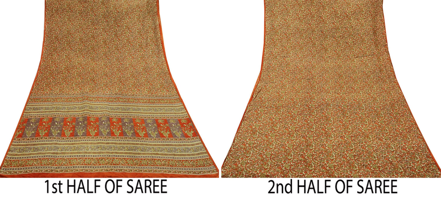 Indian Vintage Sari Orange 100% Pure Silk Printed Saree Craft Fabric 5yd Sewing Dress Making Soft Wrap Paisley Quilting Crafting Upcycle
