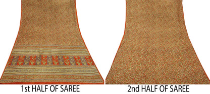 Indian Vintage Sari Orange 100% Pure Silk Printed Saree Craft Fabric 5yd Sewing Dress Making Soft Wrap Paisley Quilting Crafting Upcycle