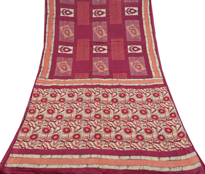 Indian Vintage Sari Pink & Beige Block Printed Pure Cotton Sarees 6Yd Craft Fabric Sewing Sarong Wrap Boho Upcycle quilting Dress making