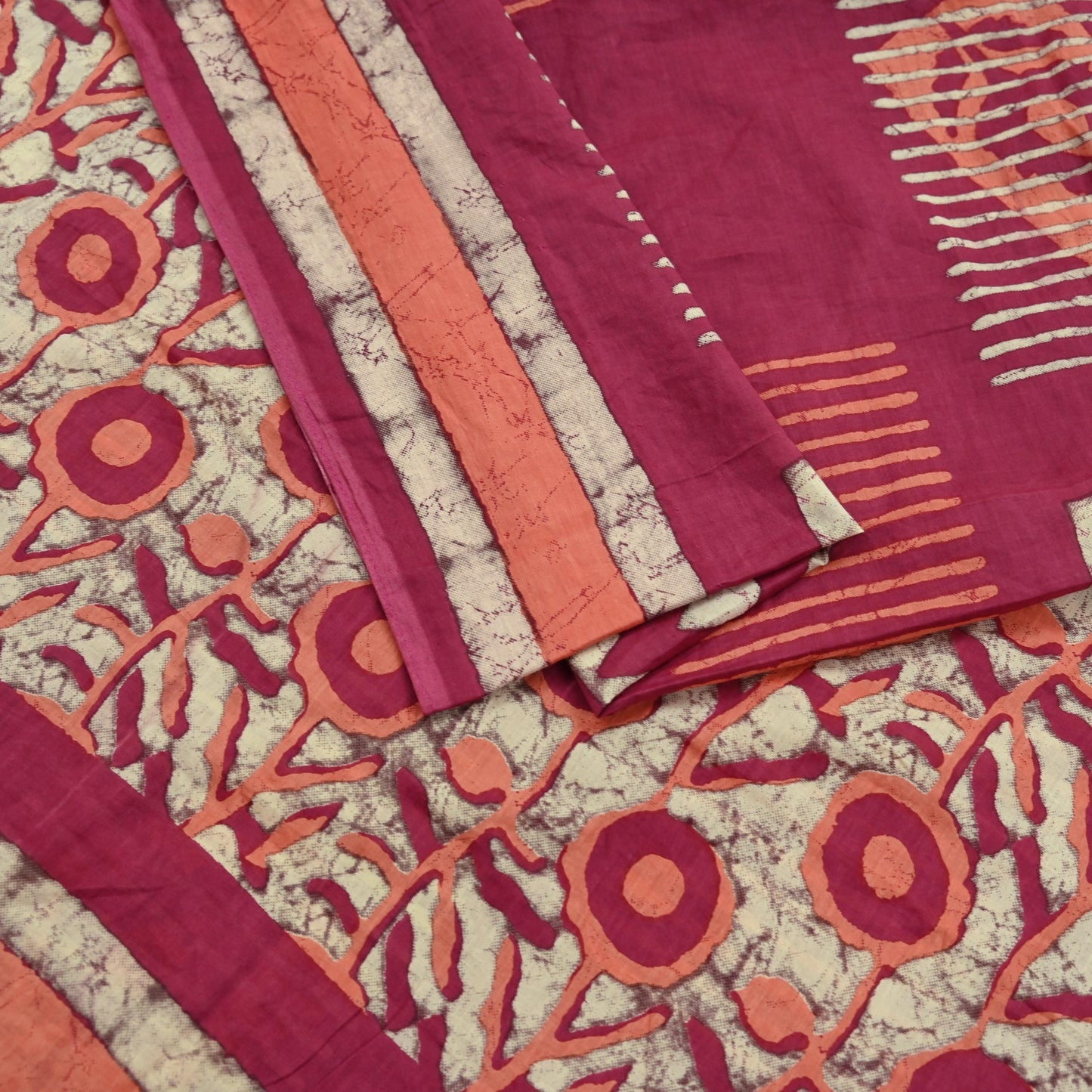 Indian Vintage Sari Pink & Beige Block Printed Pure Cotton Sarees 6Yd Craft Fabric Sewing Sarong Wrap Boho Upcycle quilting Dress making