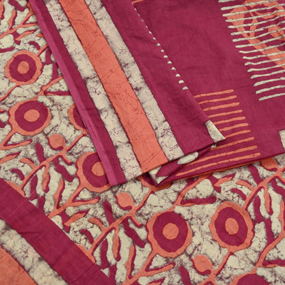 Indian Vintage Sari Pink & Beige Block Printed Pure Cotton Sarees 6Yd Craft Fabric Sewing Sarong Wrap Boho Upcycle quilting Dress making