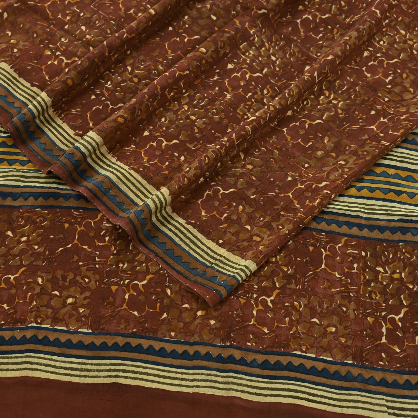 Indian Vintage Brown Saree Pure Crepe Silk Printed Sari 5yd Sewing Floral Soft Craft Fabric Wrap Dress Making Crafting Quilting